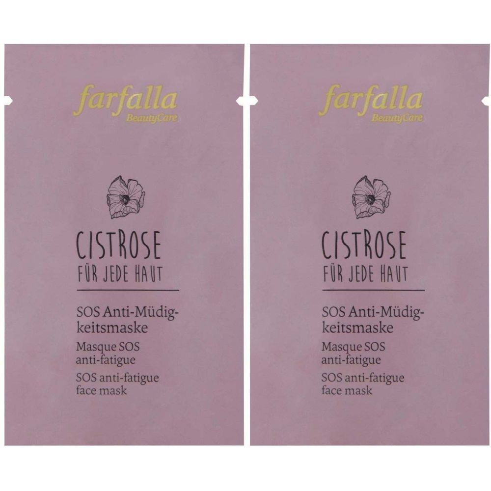Zwei lilafarbene Beutel mit Produktinformationen. Oben steht "farfalla". Darunter "CISTROSE FÜR JEDE HAUT".