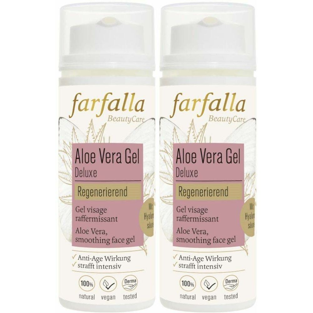 Twee flessen gezichtsgel met aloë vera. Opschrift: farfalla BeautyCare, Aloe Vera Gel Deluxe, Regenererend, Anti-Age.