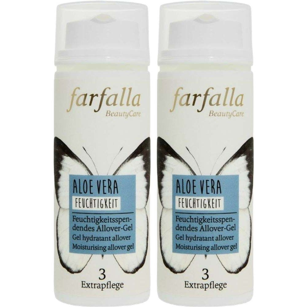 Zwei Flaschen mit weißem Spender. Aufschrift: farfalla, Aloe Vera, Feuchtigkeit. Schmetterlings-Design. Text in Deutsch, Englisch und Französisch. "3 Extrapflege".