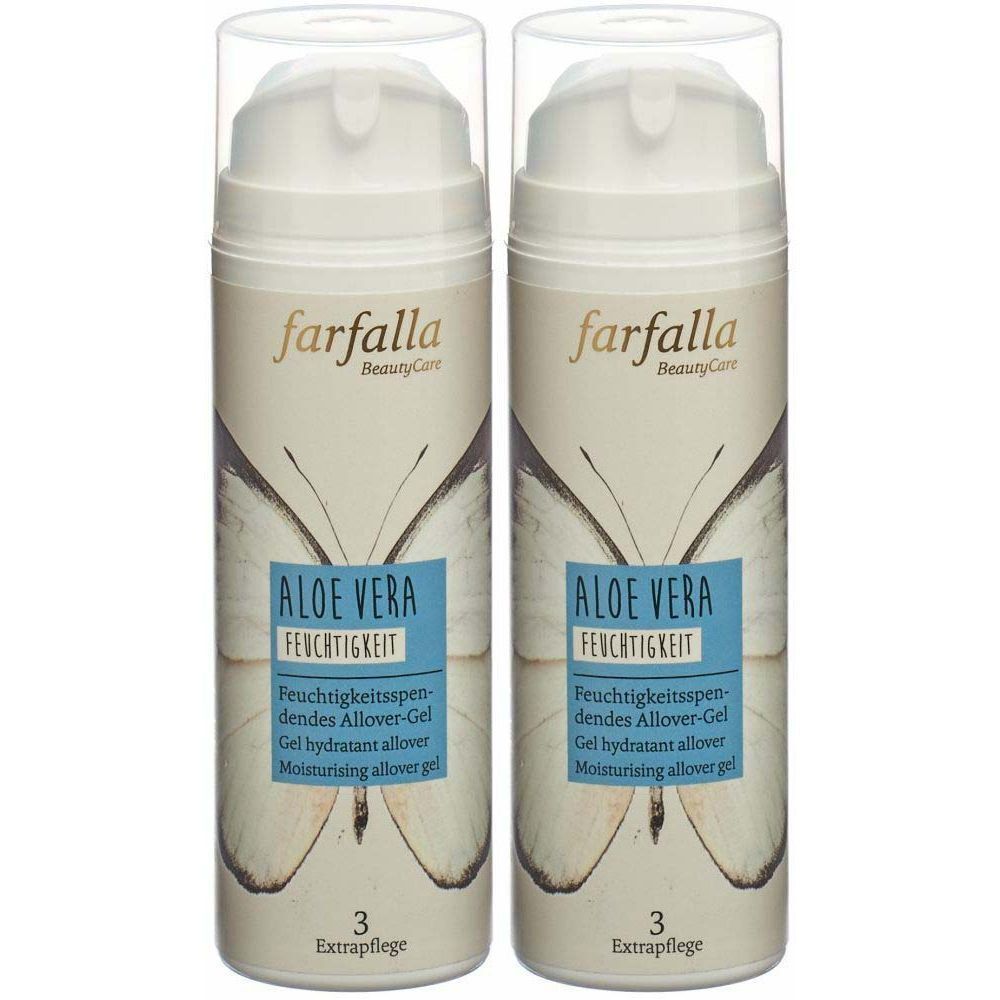 Zwei Flaschen Allover-Gel mit Aloe Vera. Aufschrift: farfalla, Aloe Vera, Feuchtigkeit. Klare Pumpköpfe.