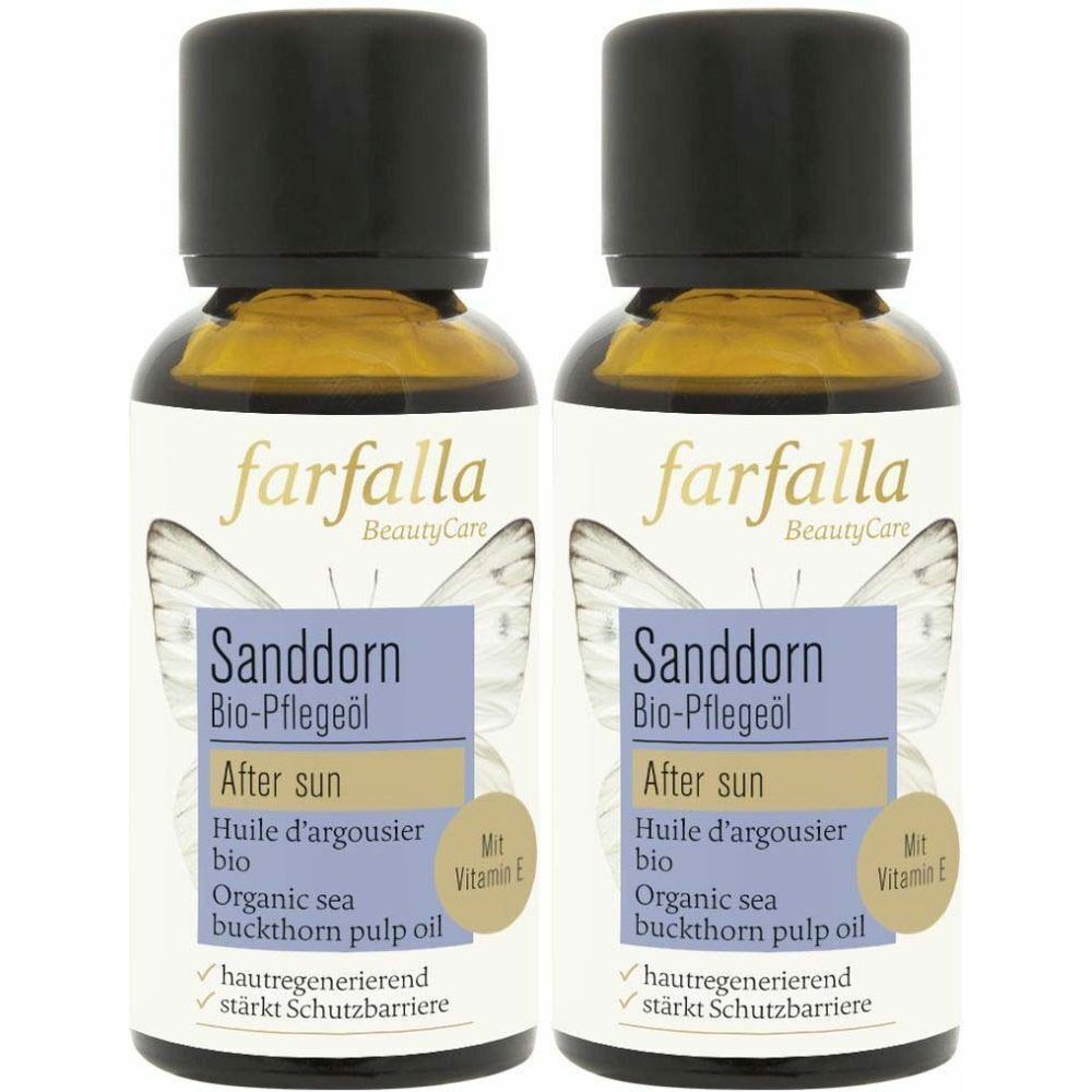 Zwei Flaschen Sanddorn Bio-Pflegeöl von farfalla. Schwarze Kappe, weißes Etikett mit Produktinformationen und Vitamin E.