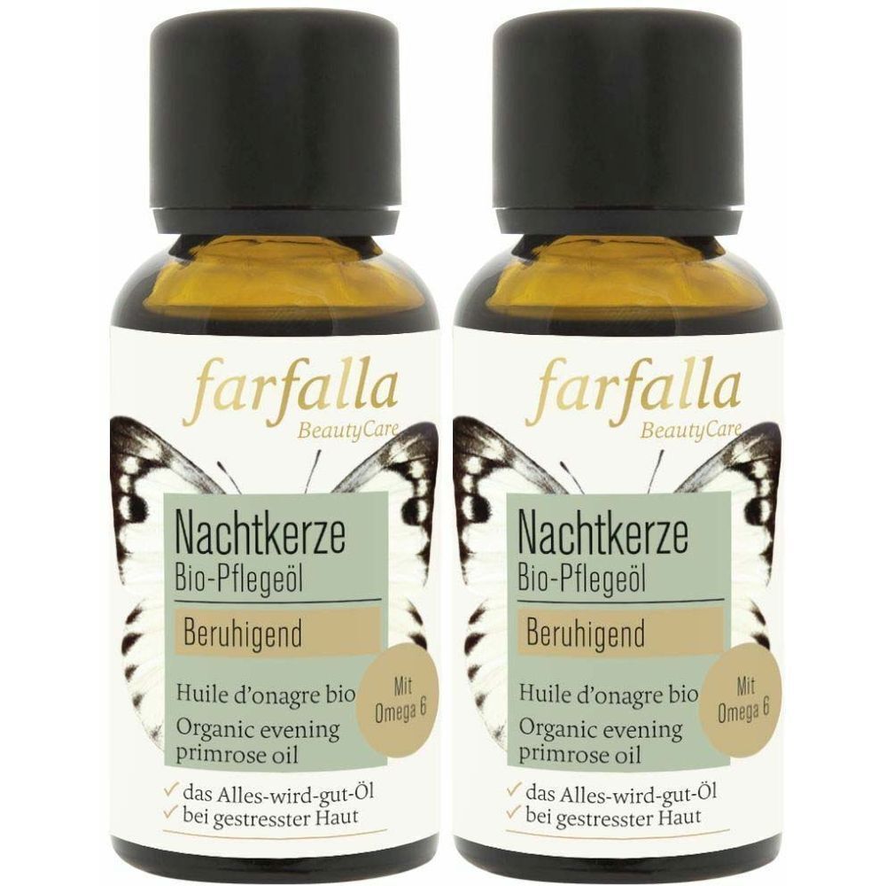 Zwei Flaschen farfalla Bio-Nachtkerzenöl. Braunes Öl in Glasflaschen mit schwarzen Deckeln. Etikett mit Text und Schmetterlingsmotiv.