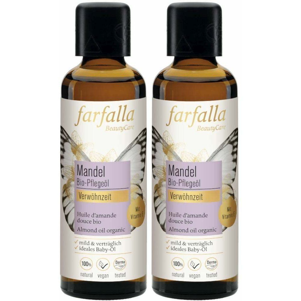 Zwei Flaschen Mandelöl. Aufschrift: farfalla, Mandel Bio-Pflegeöl, Verwöhnzeit, Huile d'amande douce bio, Almond oil organic. Mit Vitamin E. Ideal für Babys.