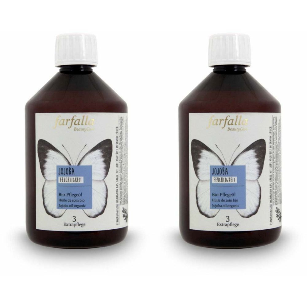 Deux flacons bruns avec bouchons blancs. Étiquette avec papillon, texte "farfalla", "Jojoba Feuchtigkeit".