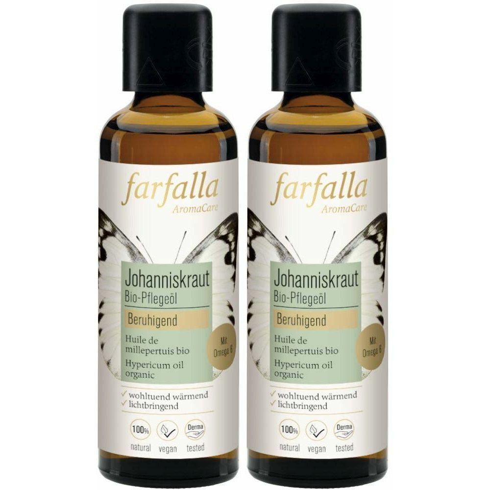 Zwei Flaschen farfalla Johanniskraut Bio-Pflegeöl. Etiketten mit Produktinformationen und Logos. Schwarze Deckel, braune Flüssigkeit.