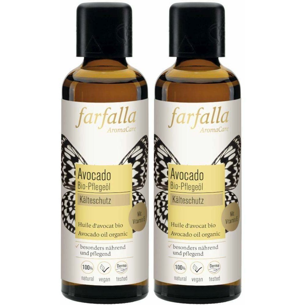 Zwei Flaschen Avocado Bio-Pflegeöl. Aufschrift: farfalla, Avocado Bio-Pflegeöl, Kälteschutz. Mit Vitamin E. 100% natural, vegan, tested.