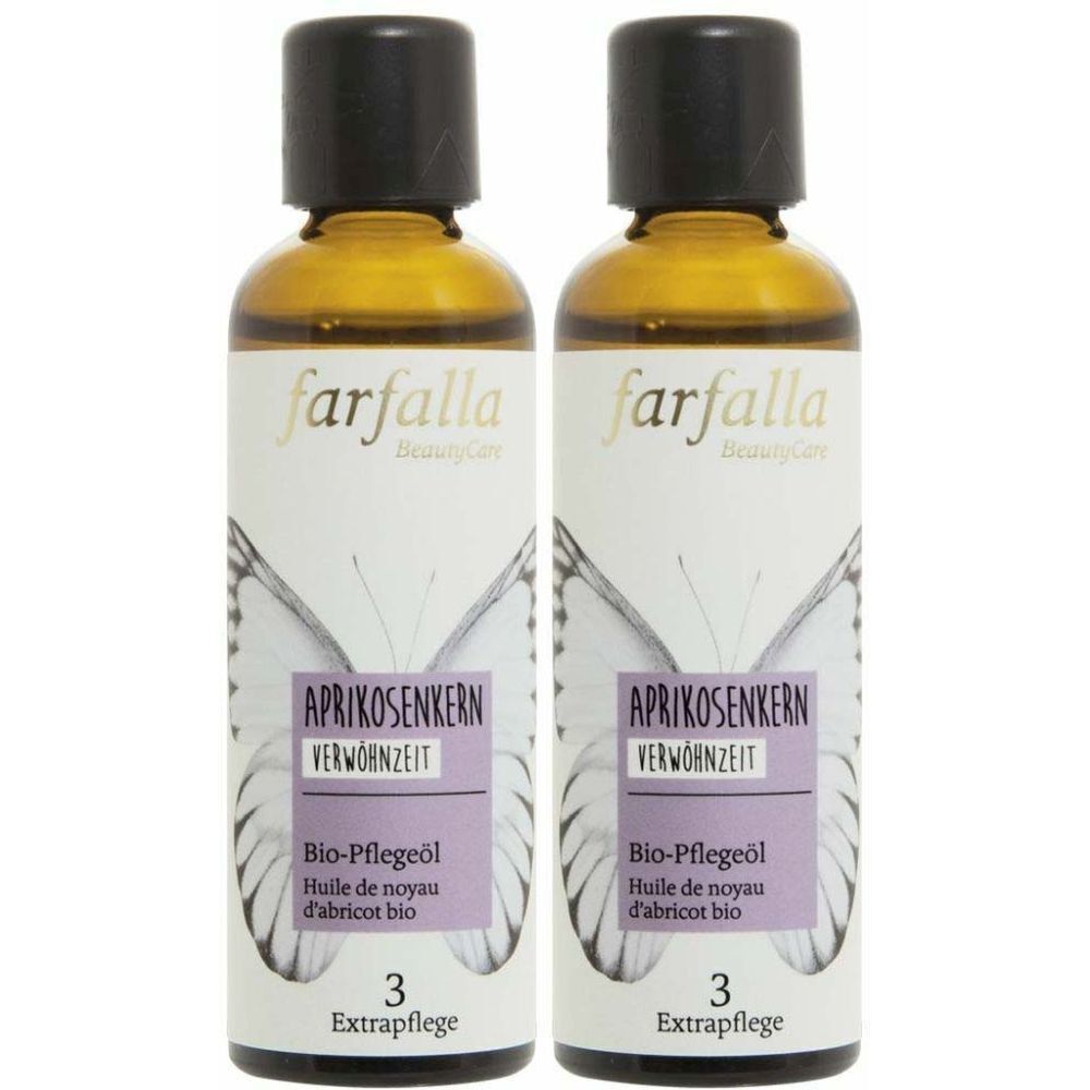 Zwei Flaschen mit schwarzem Deckel. Auf dem Etikett steht "farfalla" und "APRIKOSENKERN". Darunter "Bio-Pflegeöl".