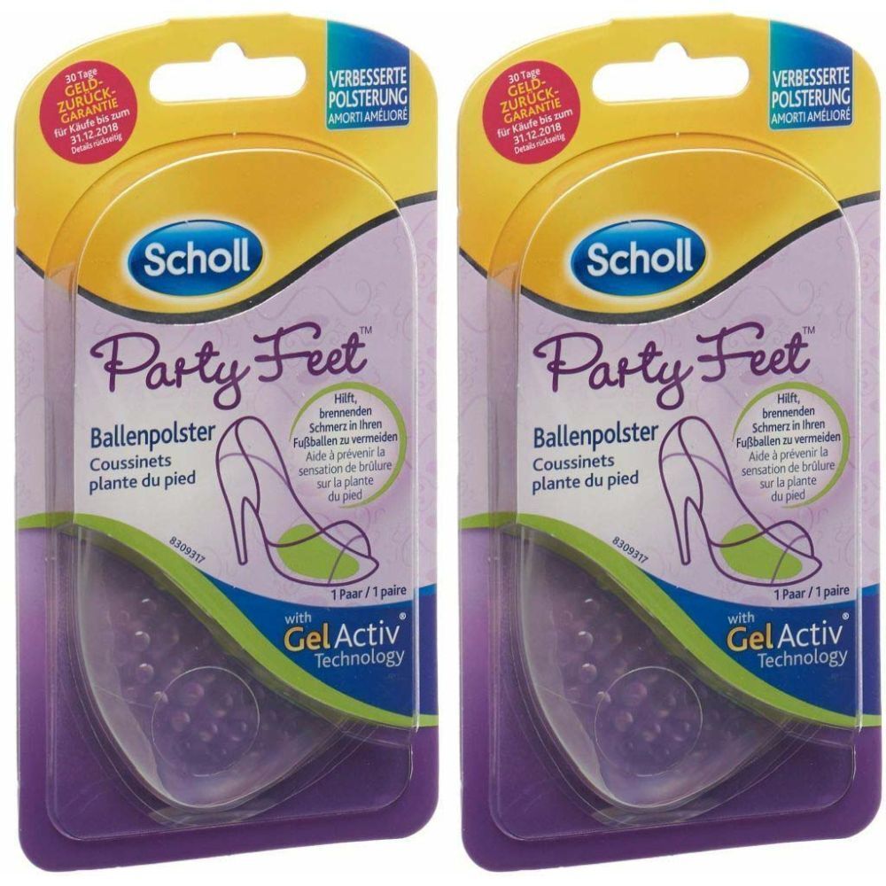 Deux paquets de coussinets plantaires Scholl Party Feet. Semelles intérieures ovales transparentes en gel, emballées avec le nom et le logo du produit.