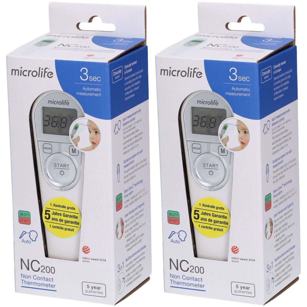 Zwei kontaktlose Thermometer in Verpackung. Marke: Microlife. Modell: NC200. Mit Display, Start-Taste und 5 Jahre Garantie.