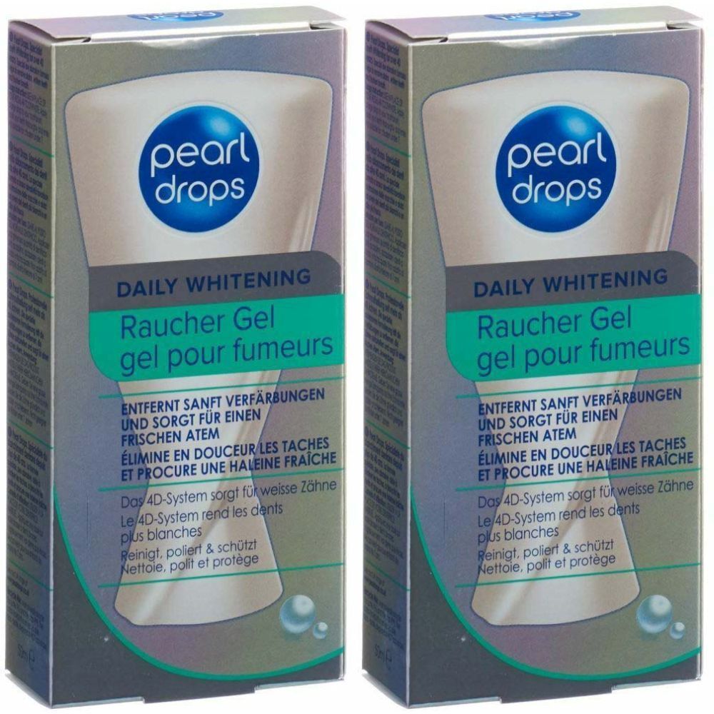 Zwei Schachteln mit "pearl drops" und "Raucher Gel". Text in Deutsch und Französisch. Tägliche Zahnaufhellung.