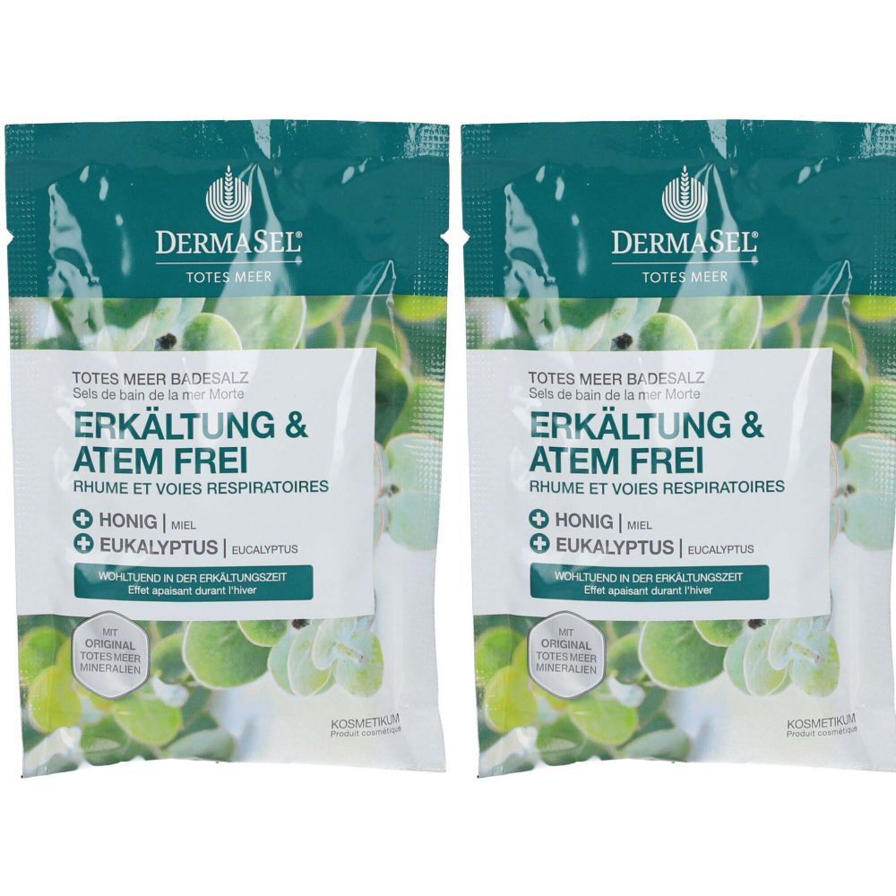 Deux sachets de sels de bain DERMASEL. Inscription : Erkältung & Atem Frei, miel, eucalyptus. Fond avec des feuilles.