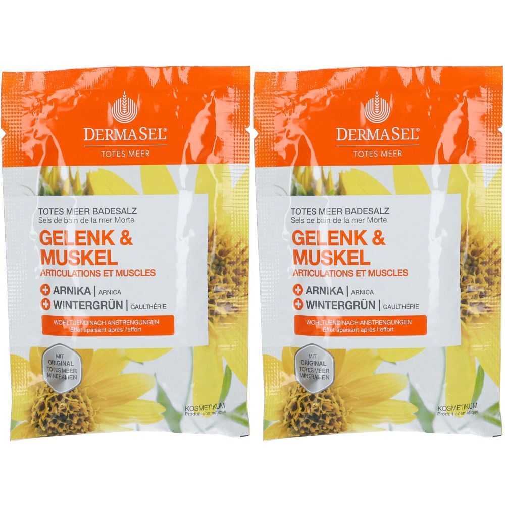 Zwei Beutel DERMASEL Badesalz. Aufschrift: Gelenk & Muskel, Arnika, Wintergrün. Orange-weißes Design mit Sonnenblumen.
