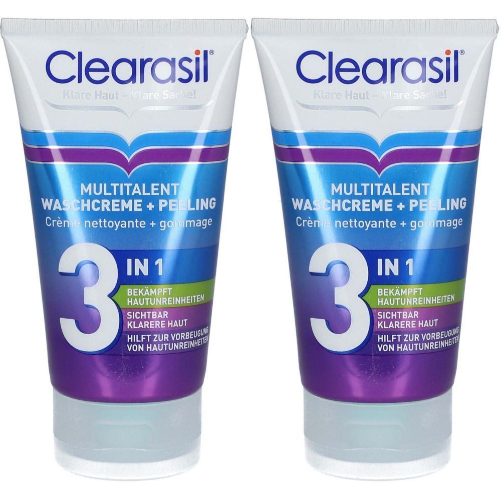 Zwei Tuben CLEARASIL® Reinigungscreme + Peeling 3 in 1. Weiße Tuben mit blauen, lila und weißen Elementen. Text: MULTITALENT, 3 IN 1.