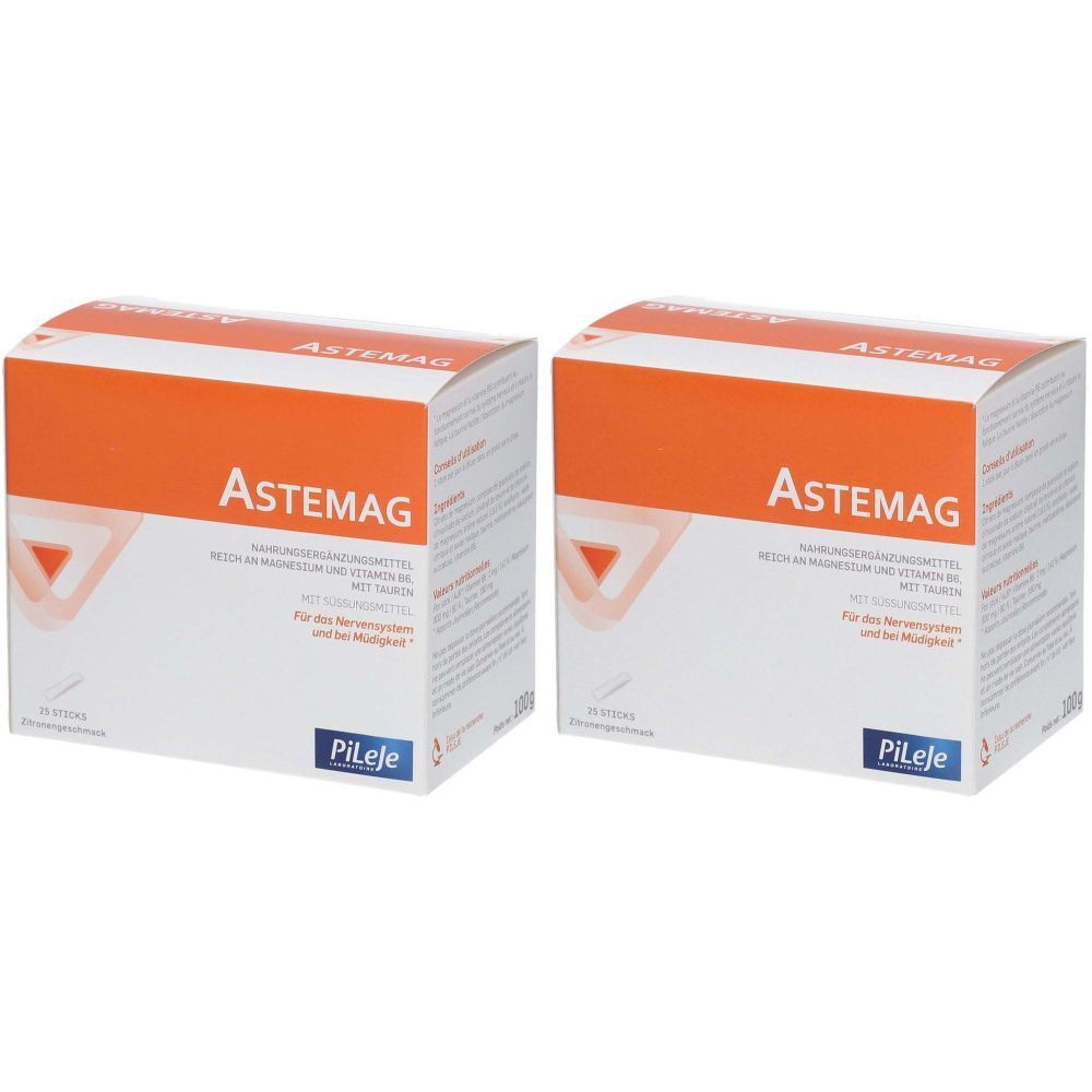 Zwei weiße Kartons mit orangefarbenem Streifen. Aufschrift "Astemag" und "Pileje".
