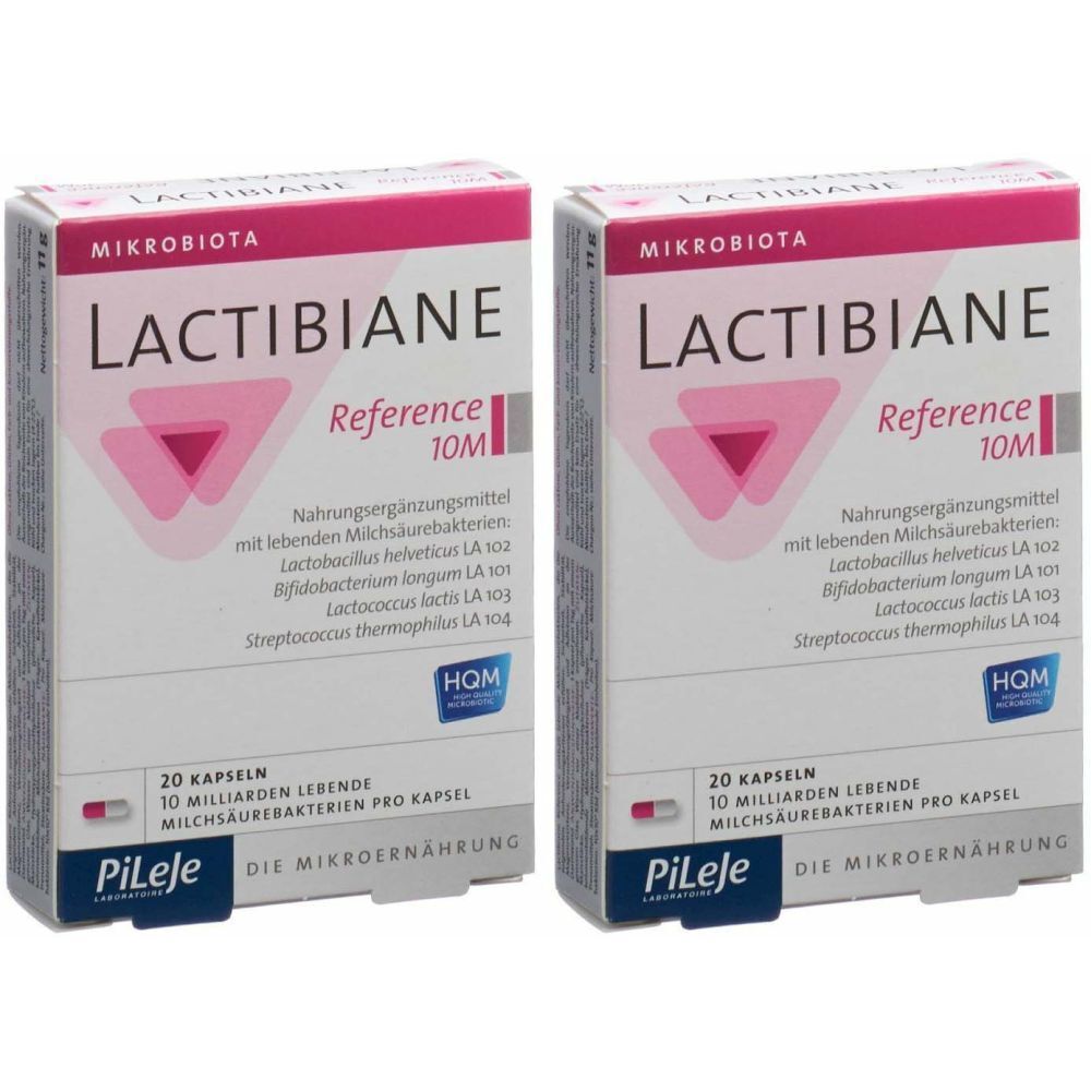 Deux boîtes de LACTIBIANE Référence 10M. Inscription : Mikrobiota, complément alimentaire, 20 gélules, Pileje.