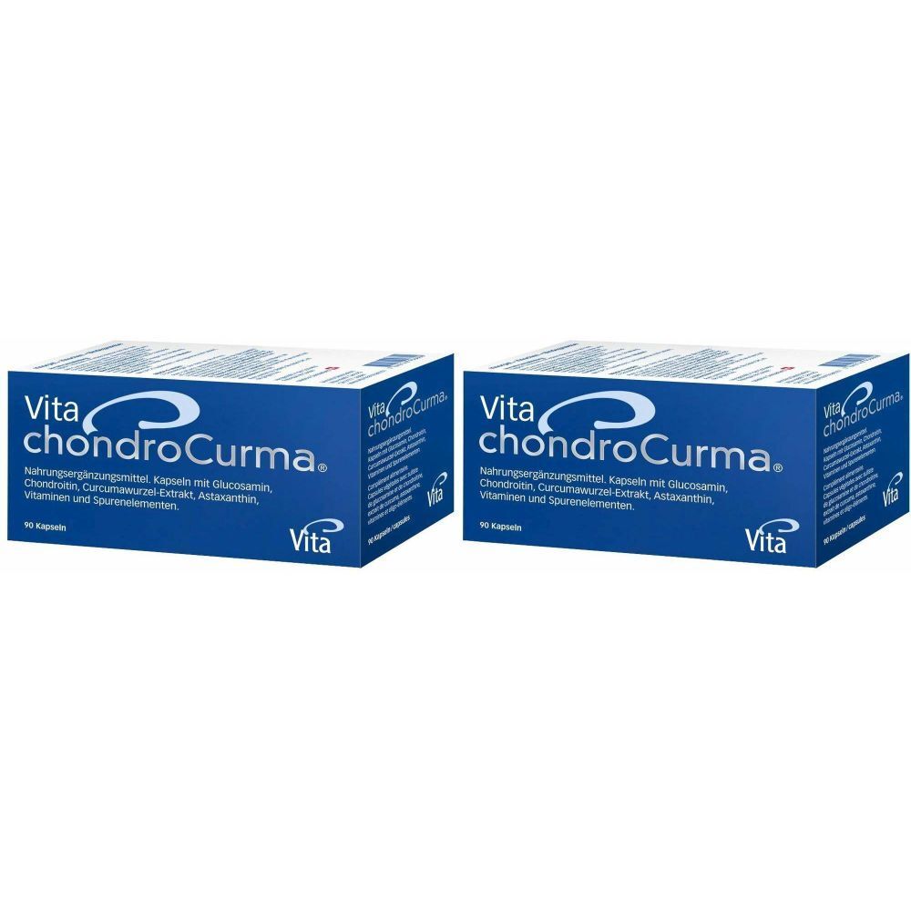 Zwei blaue Kartons mit der Aufschrift "Vita chondroCurma". Text darunter: Nahrungsergänzungsmittel, Kapseln mit Glucosamin, Chondroitin, Curcumaextrakt, Astaxanthin.