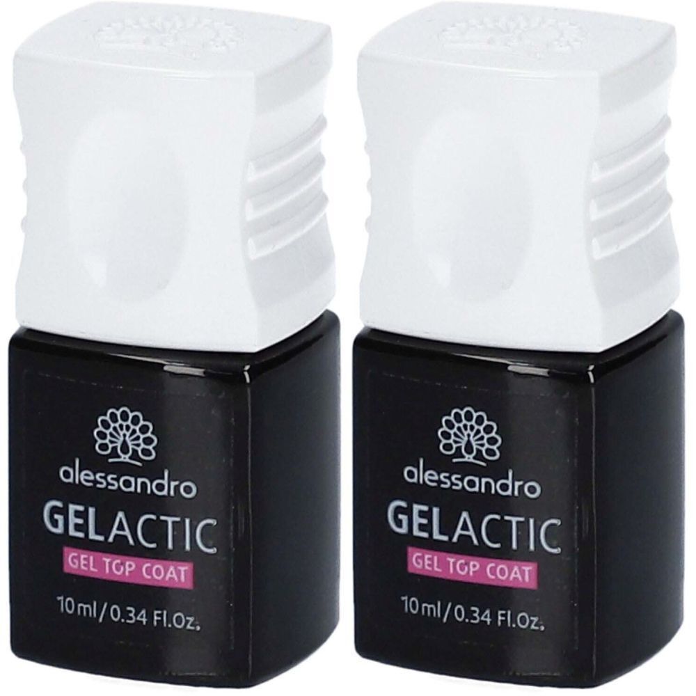 Deux flacons de vernis à ongles avec bouchon blanc. Inscription : alessandro GELACTIC GEL TOP COAT.