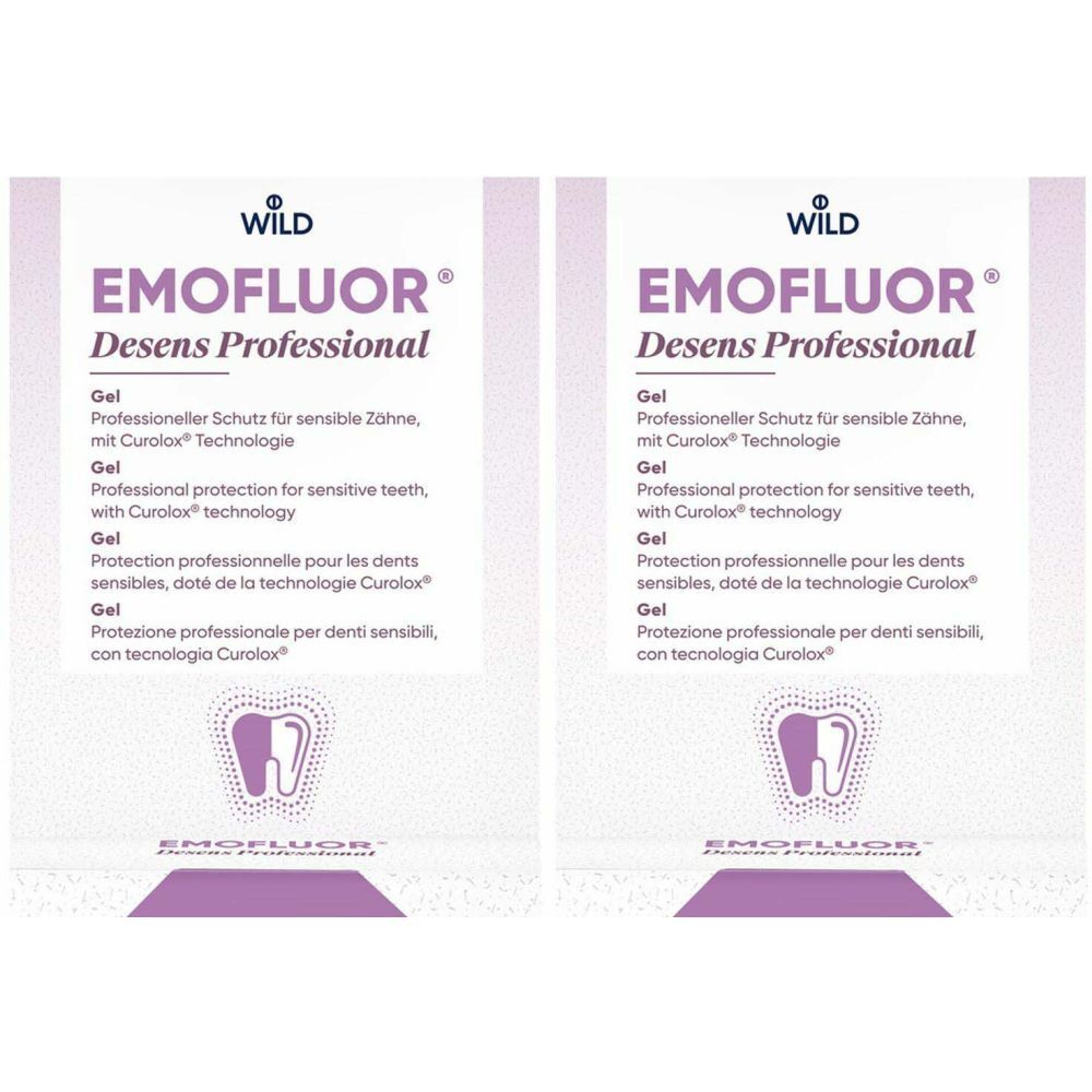 Zwei Packungen EMOFLUOR® Desens Professional Gel. Weiß-lila Verpackung mit Produktnamen und Beschreibung in Deutsch, Englisch, Französisch und Italienisch.