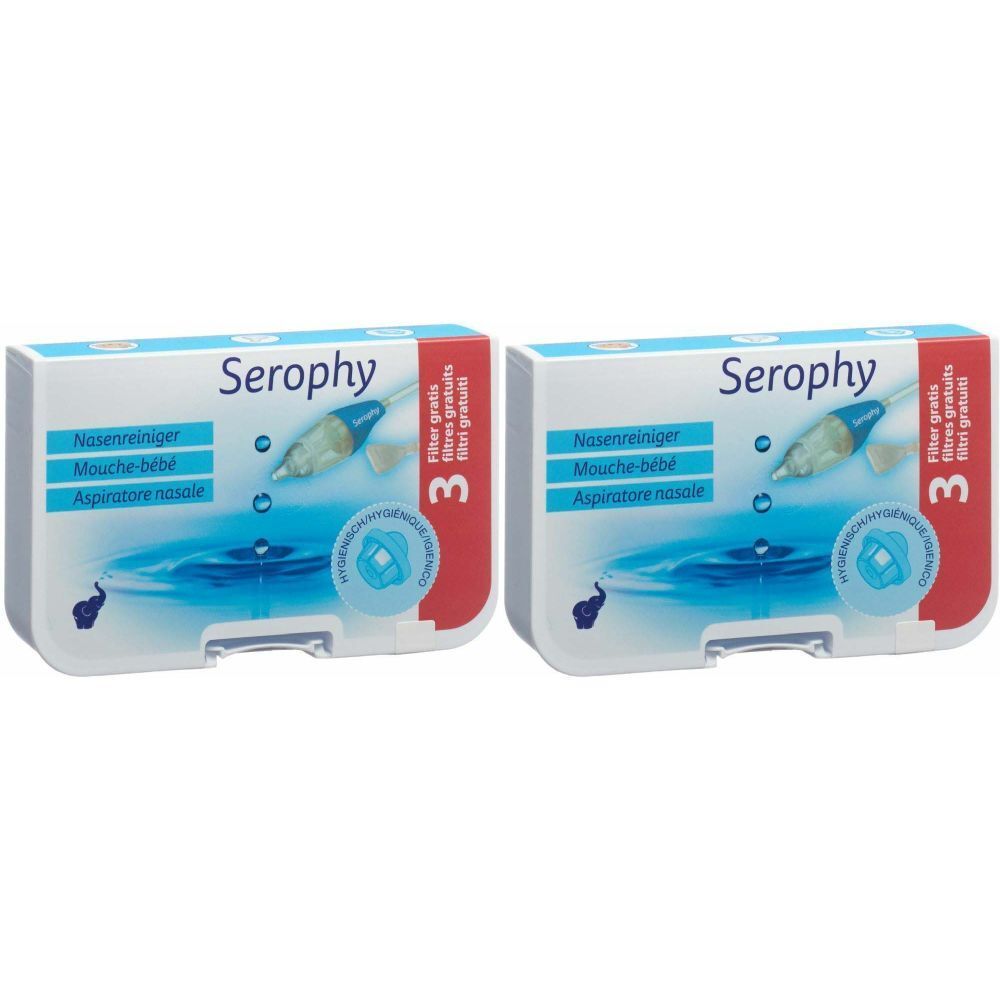 Zwei Packungen Nasenreiniger. Aufschrift: Serophy, Nasenreiniger, Mouche-bébé, Aspiratore nasale. 3 Filter gratis.