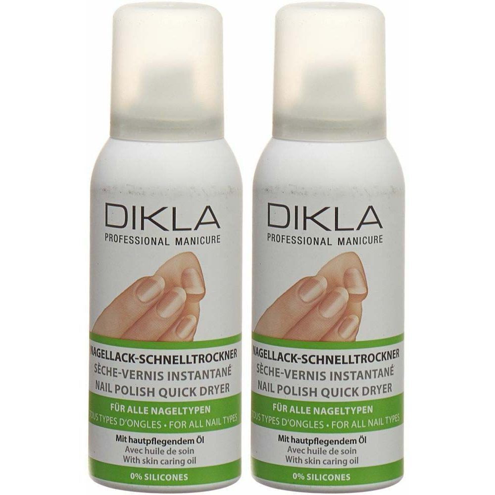 Zwei Sprühflaschen. Aufschrift: DIKLA PROFESSIONAL MANICURE. Nagelack-Schnelltrockner. Für alle Nageltypen. Mit hautpflegendem Öl. 0% SILICONES.