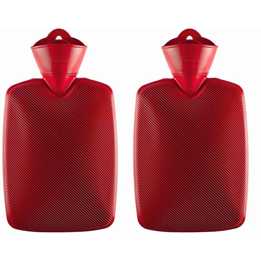 Deux bouillottes rouges avec structure à lamelles et ouverture de remplissage. Avec dispositif de suspension.