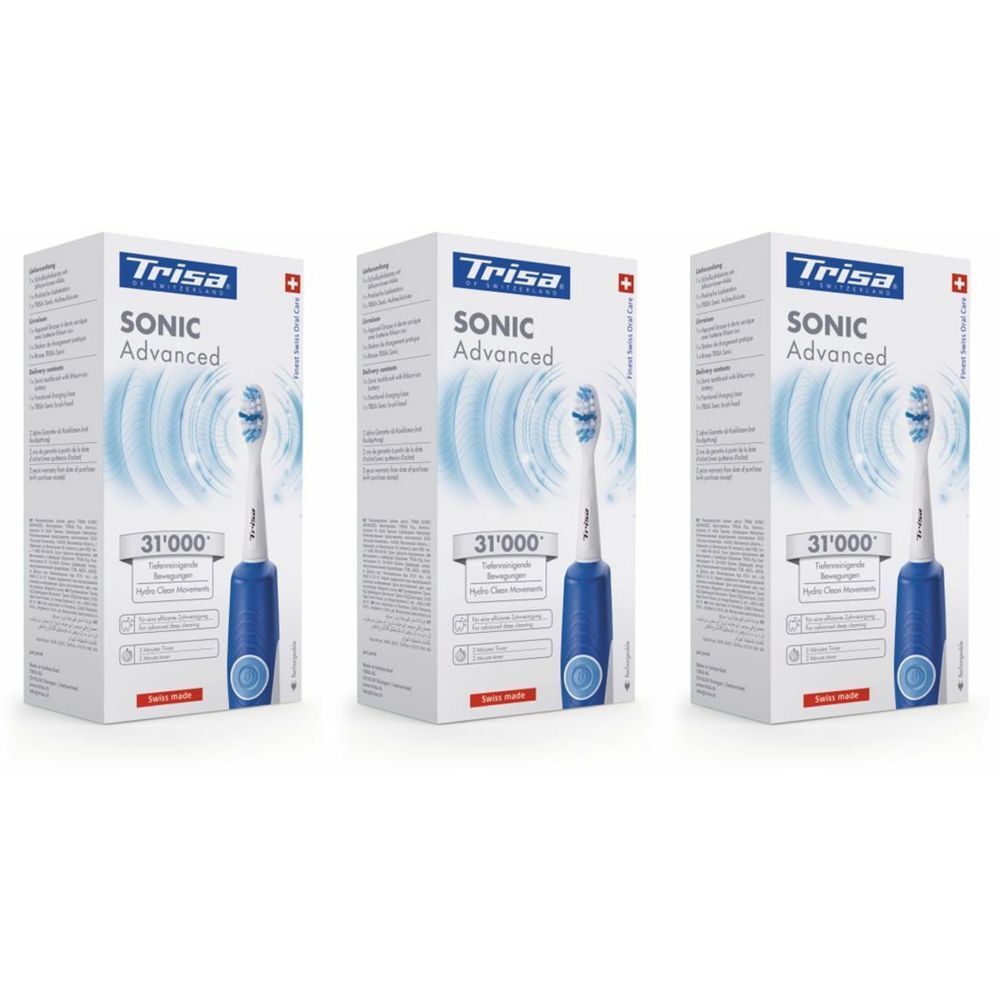 Drei Verpackungen der TRISA Sonic Advanced Ultraschallzahnbürste. Die Verpackungen zeigen die Zahnbürste und Produktinformationen.
