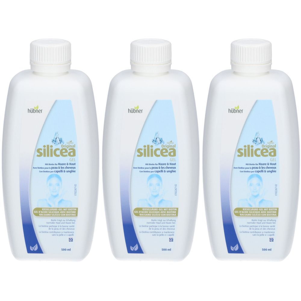 Drei Flaschen HÜBNER Original Kieselgel. Weiße Flaschen mit blauem Etikett. Aufschrift: silicea, Haut & Haar.