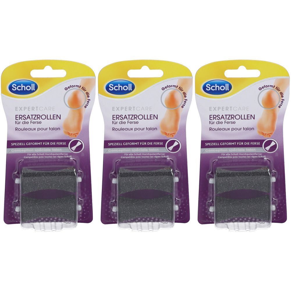 Drei Packungen Scholl Expert Care Ersatzrollen für die Ferse. Jede Packung enthält eine Rolle und ist in einer Blisterverpackung.
