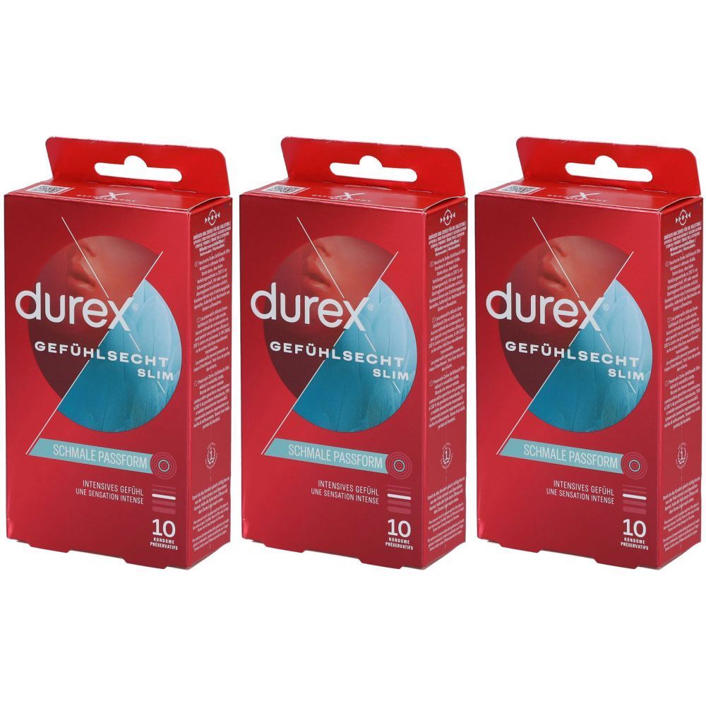 Drei rote Durex-Verpackungen. Aufdruck: Gefühlssecht Slim, schmale Passform, 10 Stück.