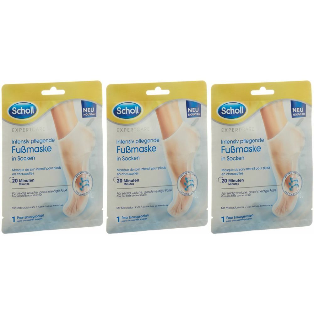 Drei Fußmasken-Packungen. Jede Packung zeigt ein Fußmodell und Text: 'Intensiv pflegende Fußmaske in Socken'. Marke: Scholl. Mit 'NEU' gekennzeichnet.