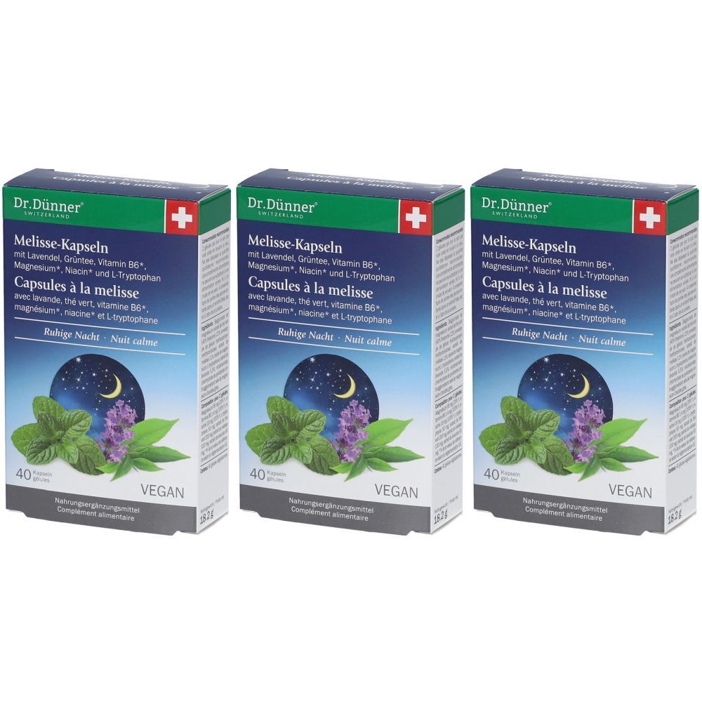 Drei Schachteln DR.DÜNNER Melisse-Kapseln. Jede Schachtel zeigt Produktname, Inhaltsstoffe, Logo und 40 Kapseln. Vegan.