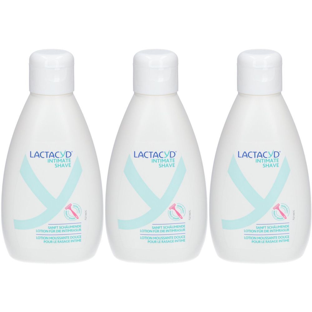 Drei weiße Flaschen mit Klappverschluss. Auf jeder Flasche steht "LACTACYD INTIMATE SHAVE". Türkisfarbene Grafik und Rasierer-Symbol.