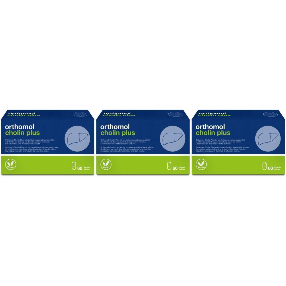 Drei Schachteln ORTHOMOL Cholin Plus. Blaue Oberseite, grüne Unterseite. Logo, Leber-Symbol, Schriftzug, Packung mit 60 Stück.