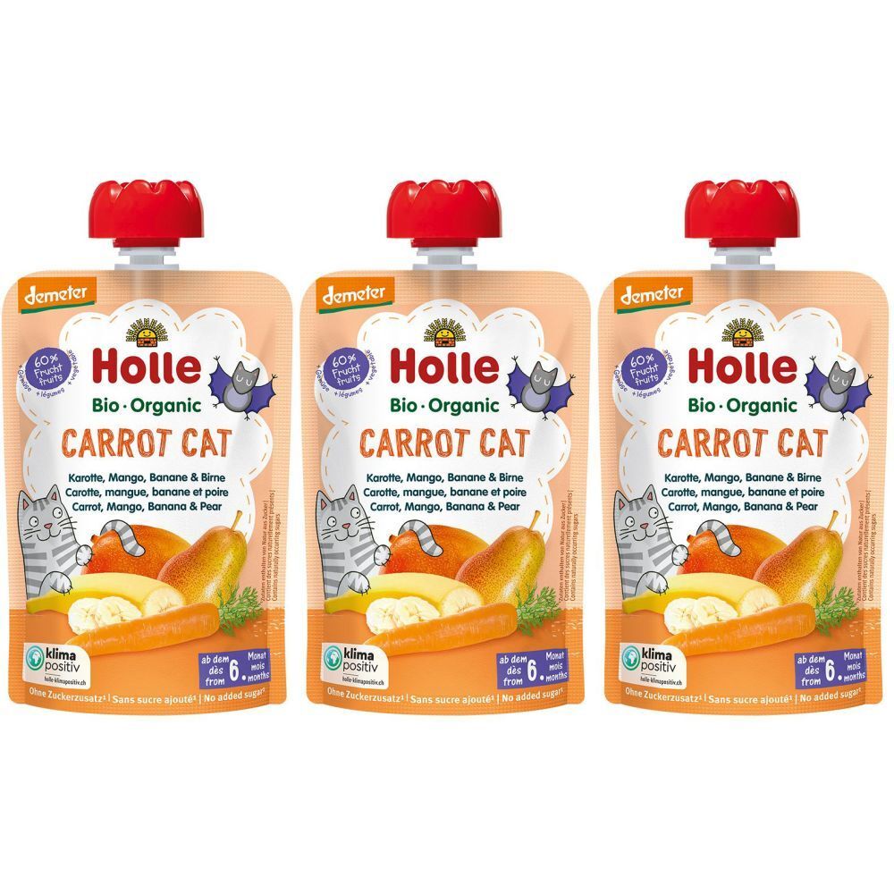 Trois sachets Holle Bio-Organic Carrot Cat. Impression avec carotte, mangue, banane, poire et chat. Fermeture rouge.