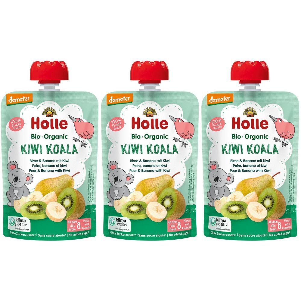 Drei Beutel HOLLE Kiwi Koala. Aufdruck: Bio-Organic, Kiwi Koala, Birne & Banane mit Kiwi. Roter Verschluss, grüne Verpackung.
