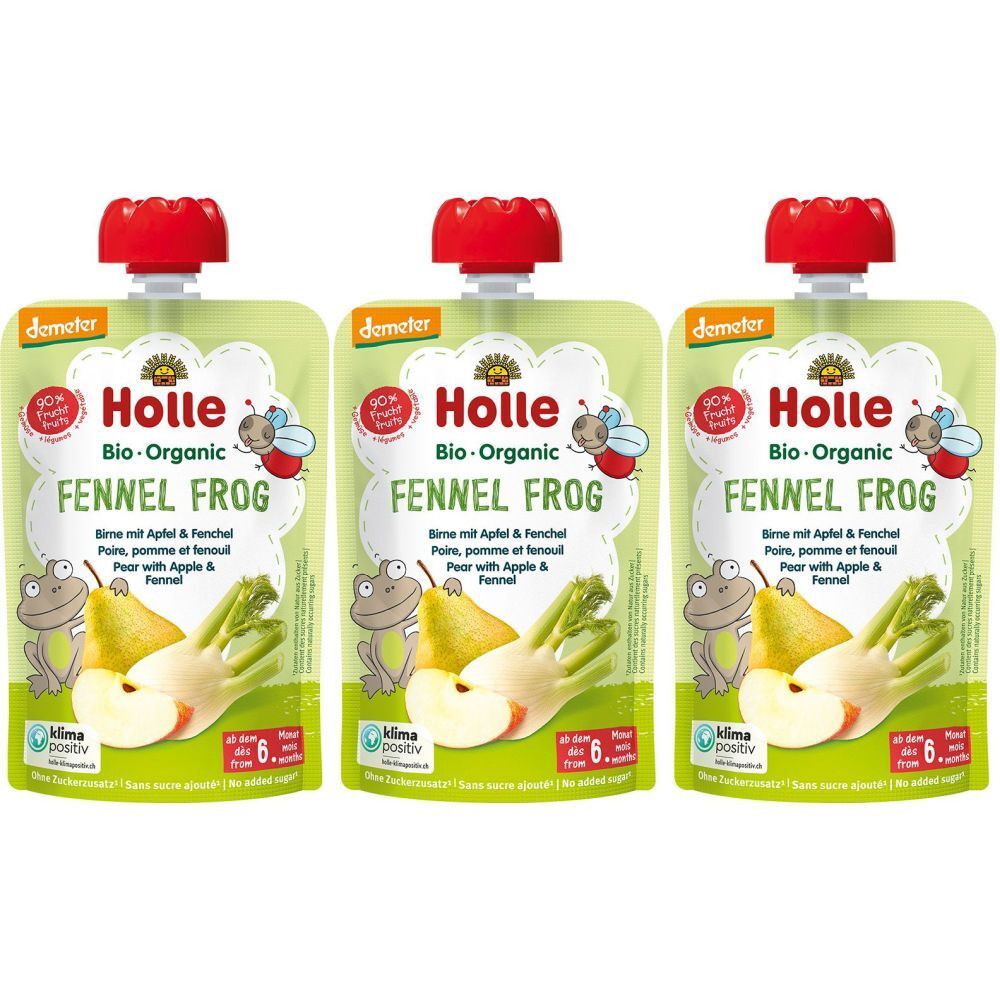 Drei Quetschbeutel mit roter Kappe. Aufschrift: Holle Bio-Organic Fennel Frog. Ab 6 Monaten.