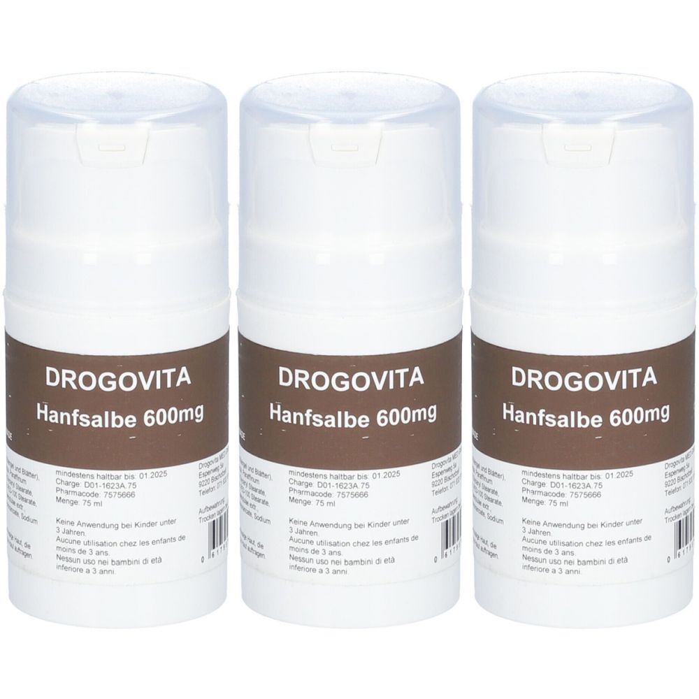 Drei weiße Tiegel mit Deckel. Aufschrift: DROGOVITA Hanfsalbe 600mg. Brauner Hintergrund mit Text.
