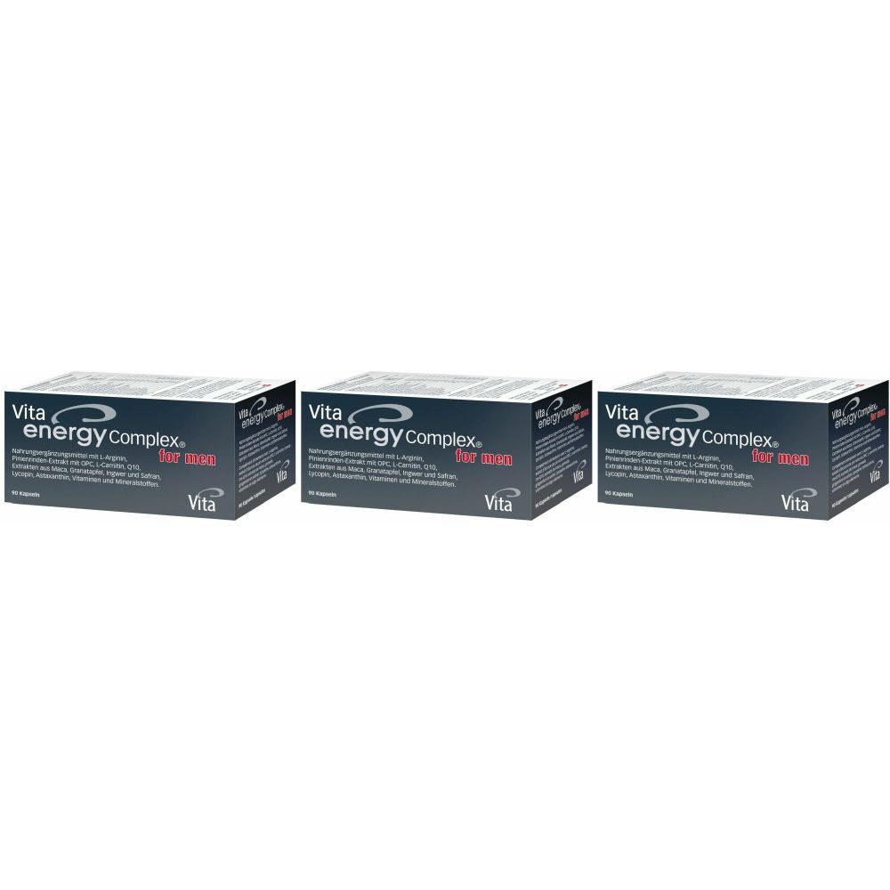Drei Schachteln mit der Aufschrift "Vita energy Complex. for men". Schwarze Verpackung mit weißer und roter Schrift.