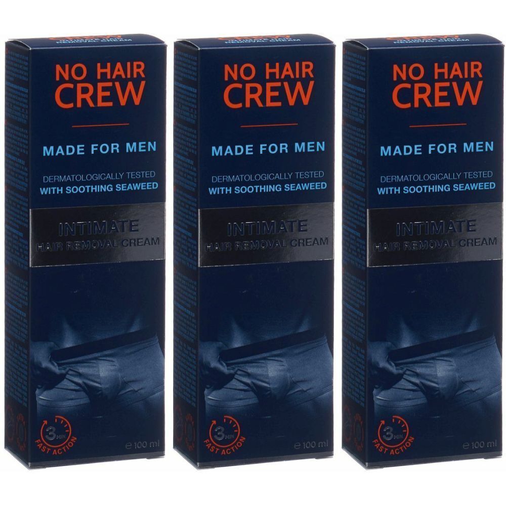 Drei blaue Kartons mit der Aufschrift "NO HAIR CREW", "MADE FOR MEN" und "INTIMATE Hair Removal Cream".