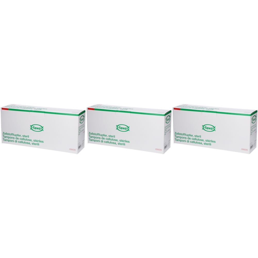 Trois boîtes blanches avec texte vert et bande rouge. Inscription: FLAWA Tampons de cellulose, stériles.