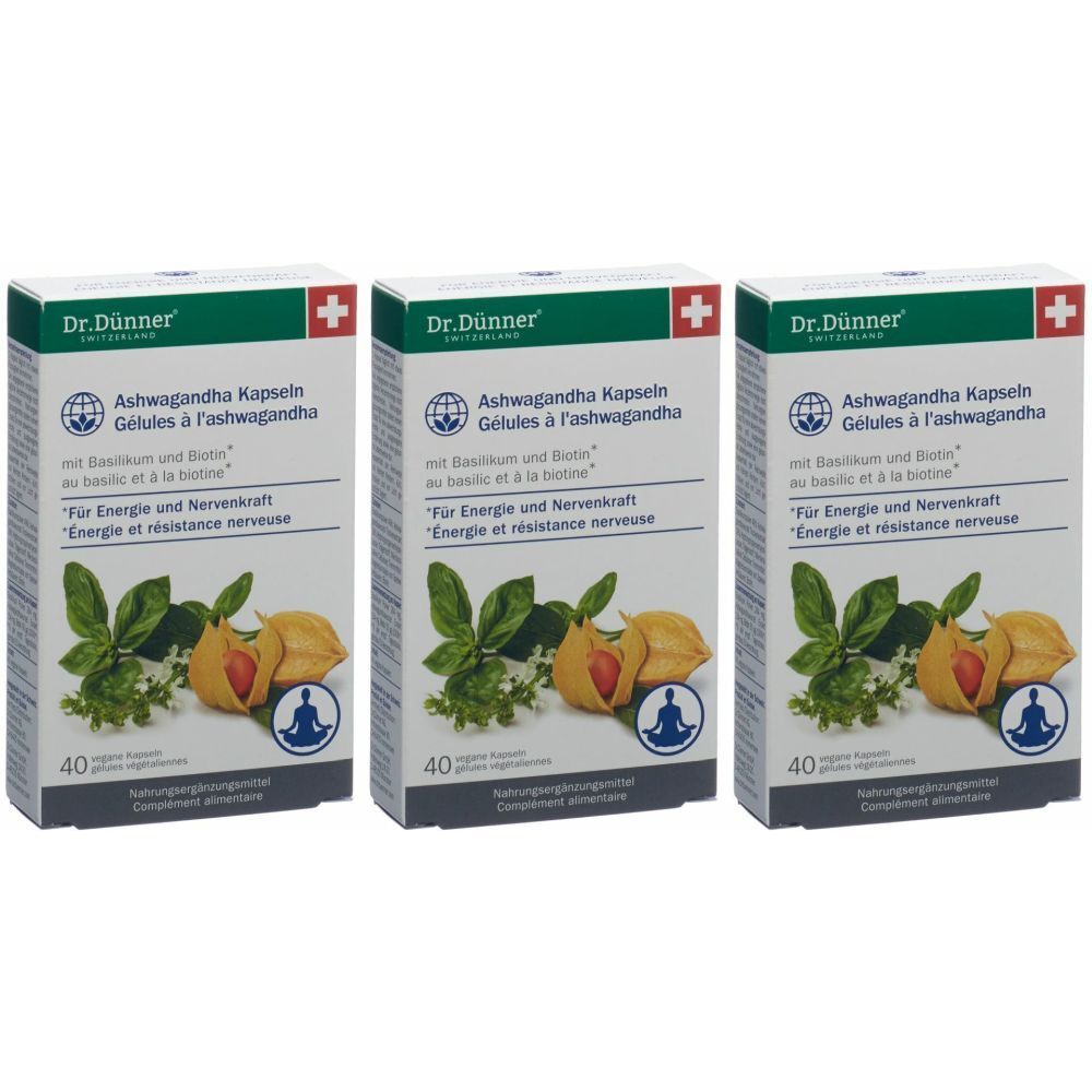 Drei Schachteln Ashwagandha Kapseln. Auf jeder Schachtel steht "Dr. Dünner" und "Ashwagandha Kapseln". Jede Schachtel enthält 40 Kapseln.
