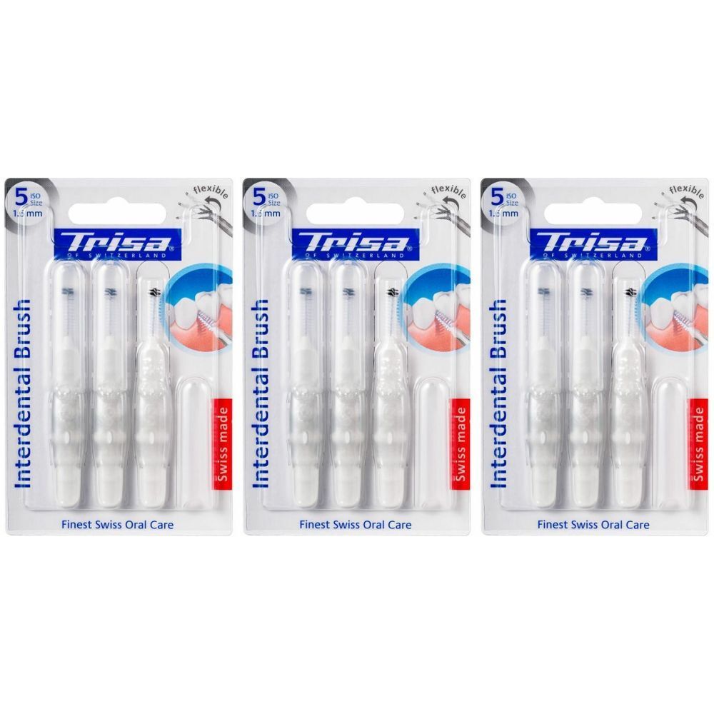 Drie verpakkingen interdentale borstels. Elke verpakking bevat borstels, maat 5, 1,6 mm. Merk: Trisa. Opschrift: Finest Swiss Oral Care.