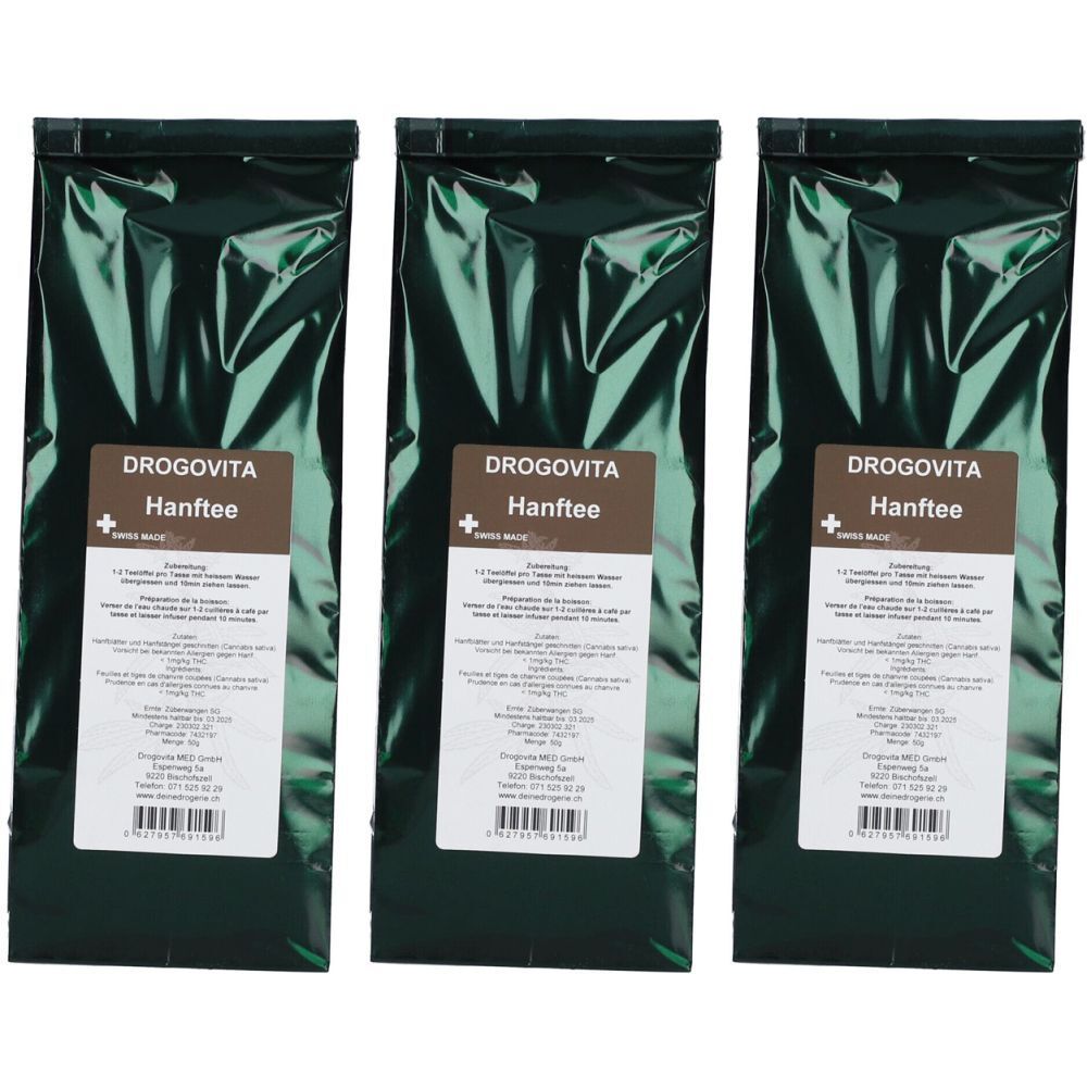Drei Beutel DRAGOVITA Hanftee. Dunkelgrüne Verpackung mit Etikett. Schweizer Kreuz. Text: Hanftee, Zubereitung, Inhaltsstoffe, Hersteller.