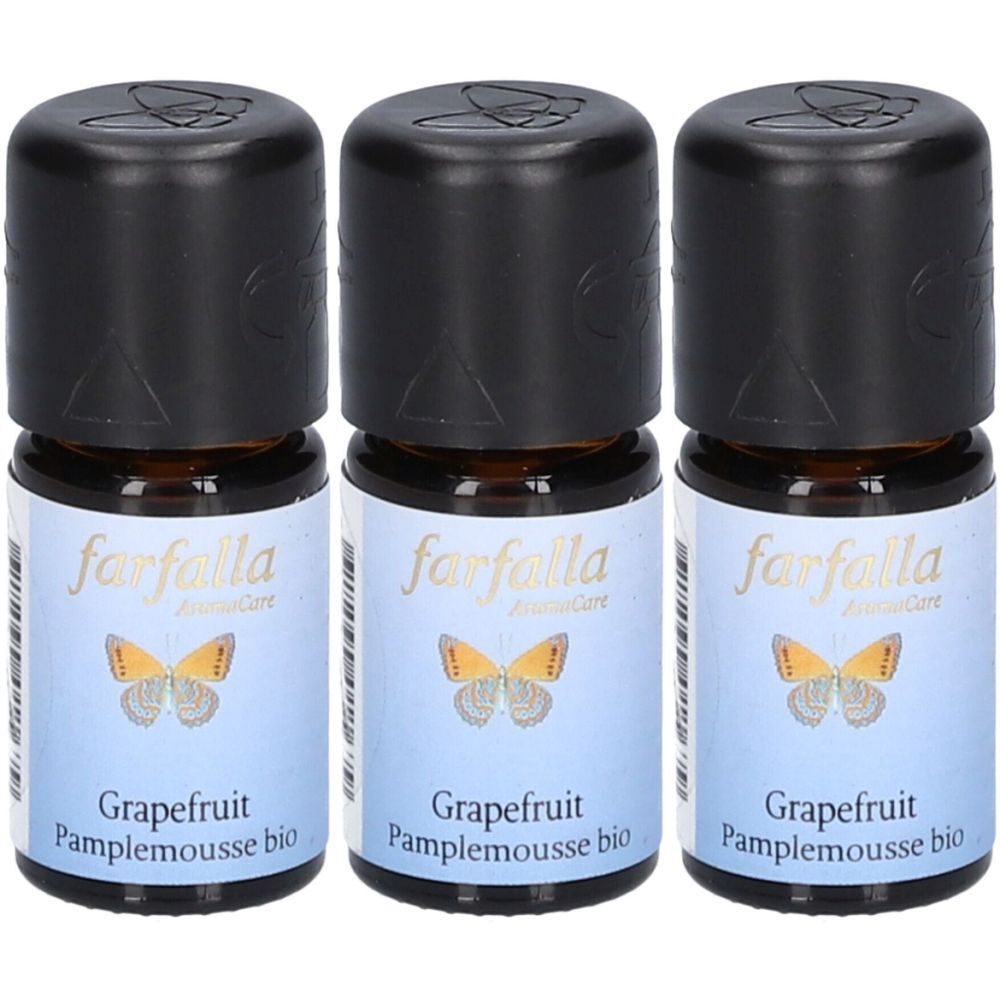 Drei kleine Flaschen mit schwarzem Deckel. Auf den Etiketten steht "farfalla", "Grapefruit" und "Pamplemousse bio".
