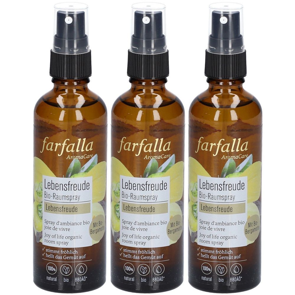 Drei braune Glasflaschen mit Sprühkopf. Aufschrift: farfalla AromaCare Lebensfreude Bio-Raumspray. Mit Bio-Bergamotte. 100% natürlich.