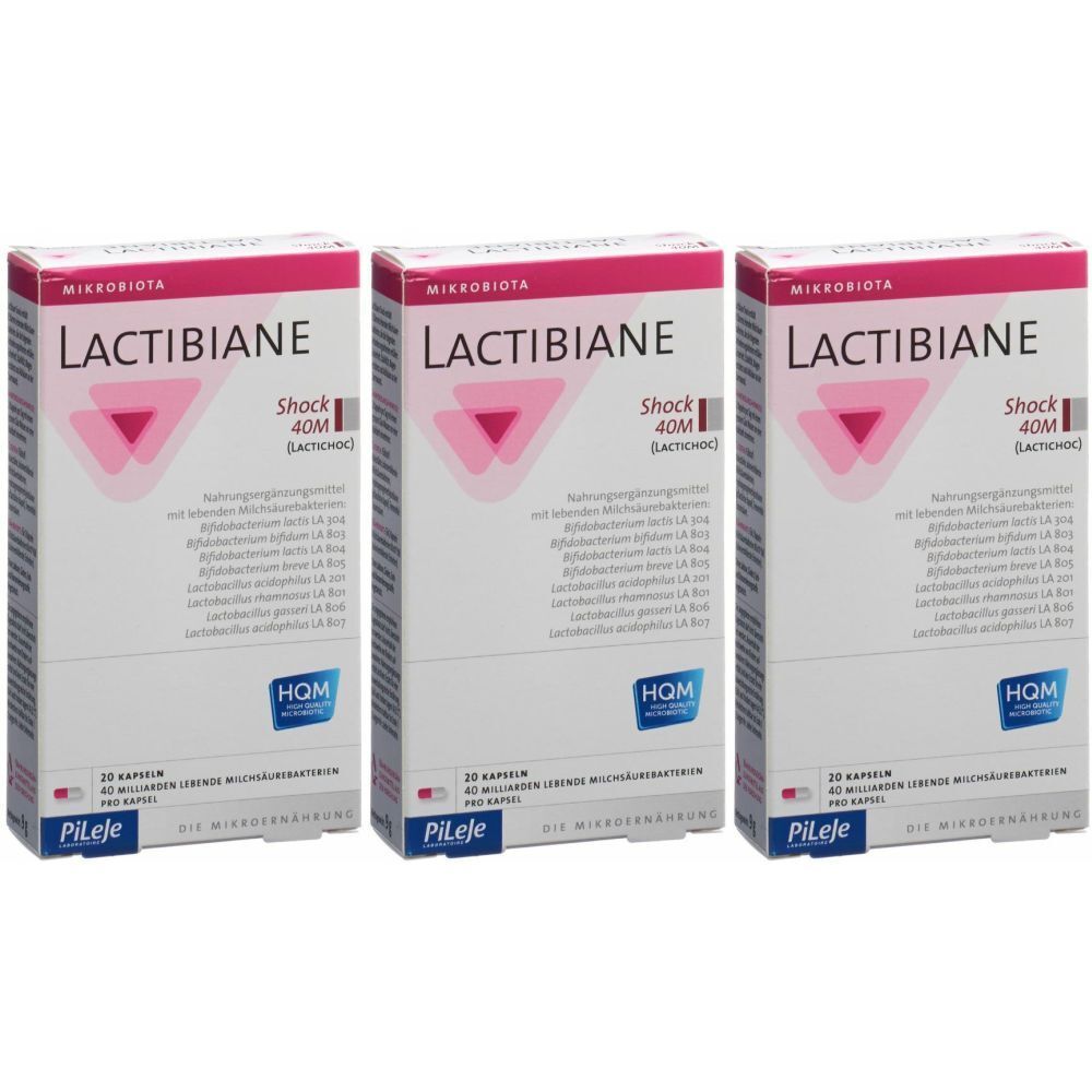 Trois boîtes de LACTIBIANE Shock 40M. Inscriptions : Mikrobiota, Pileje, HQM. Logo triangle rose. Texte en allemand.