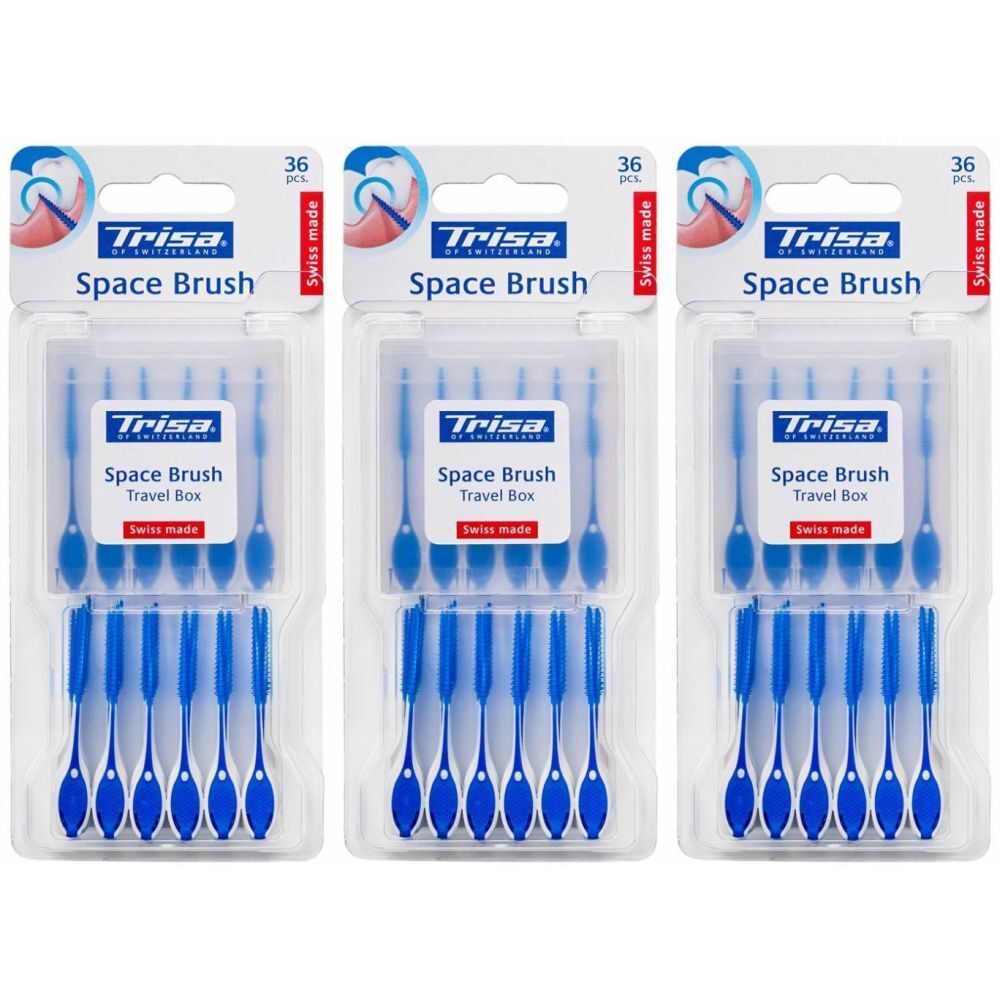 Drie verpakkingen Trisa Space Brush interdentale borstels. Elke verpakking bevat 36 borstels. Blauwe borstels met transparante houders.