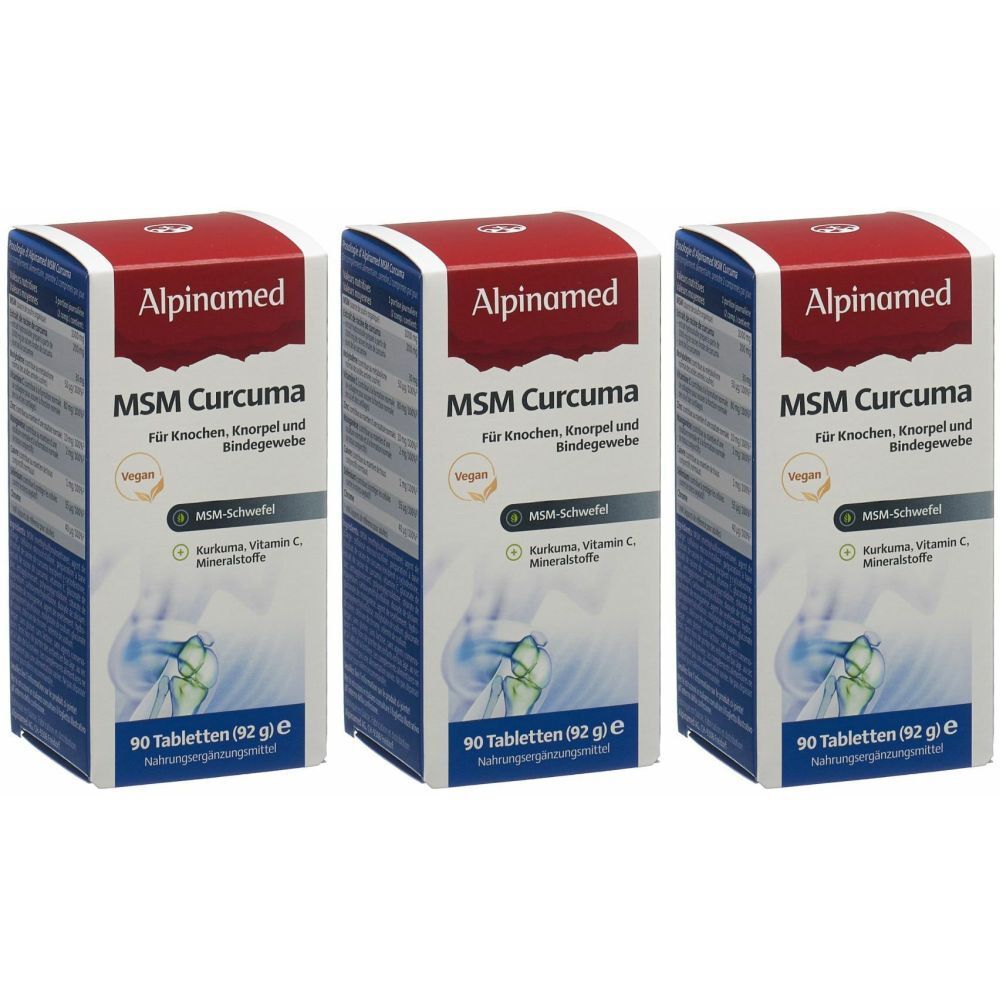 Drei Schachteln Alpinamed MSM Curcuma. Rote Deckel, weiße Seiten. Text: MSM Curcuma, 90 Tabletten, vegan. Für Knochen, Knorpel und Bindegewebe.