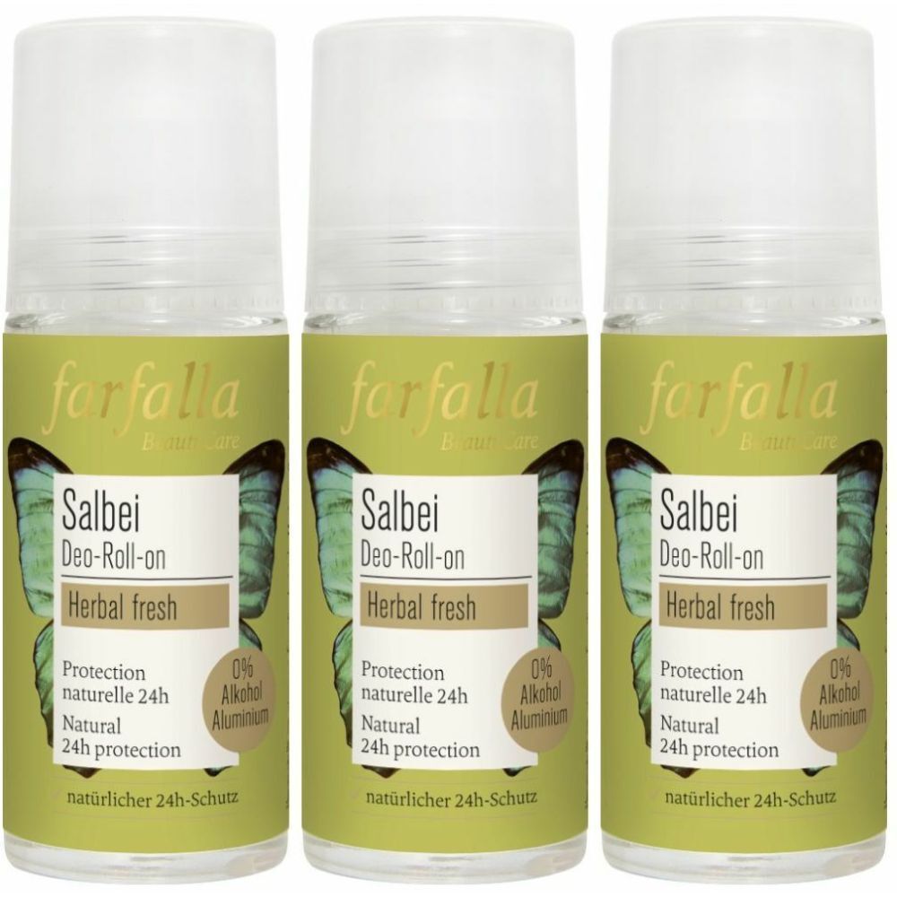 Drei Roll-on-Deodorants mit Salbei. Aufschrift: forfolla, Salbei Deo-Roll-on, Herbal fresh, 24h Schutz. Ohne Alkohol und Aluminium.
