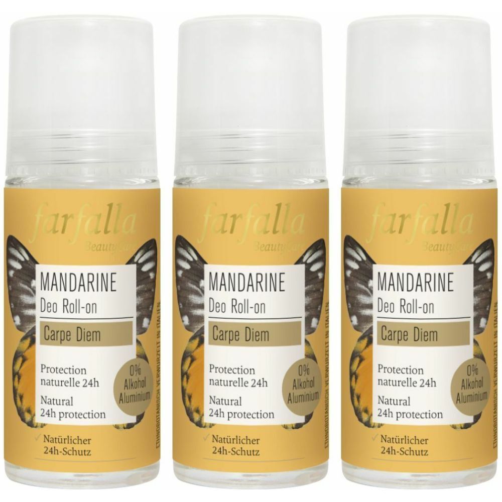 Drei Roll-on Deodorants mit Mandarine. Goldfarbene Etiketten mit Produktnamen und Schmetterlingsmotiv. Transparente Kappen.